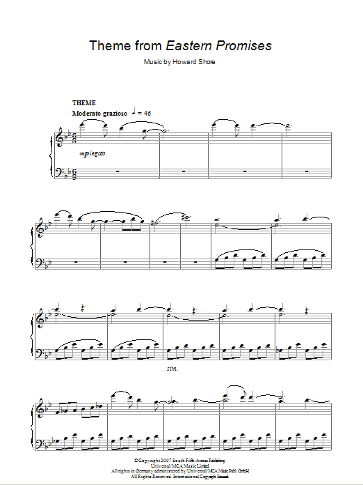 Howard Shore Theme from Eastern Promises Sheet Music Notes & Chords for Piano - Download or Print PDF