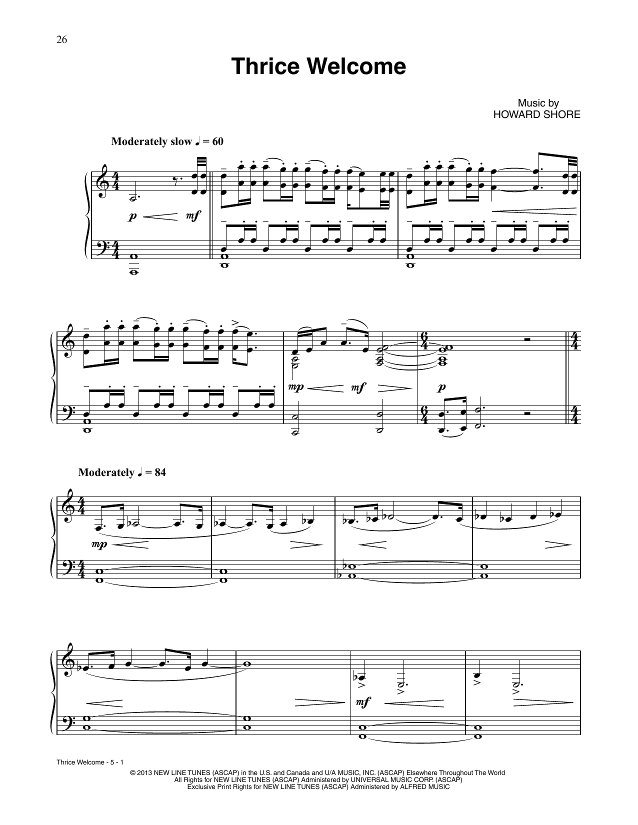 Howard Shore Thrice Welcome (from The Hobbit: The Desolation Of Smaug) Sheet Music Notes & Chords for Piano Solo - Download or Print PDF