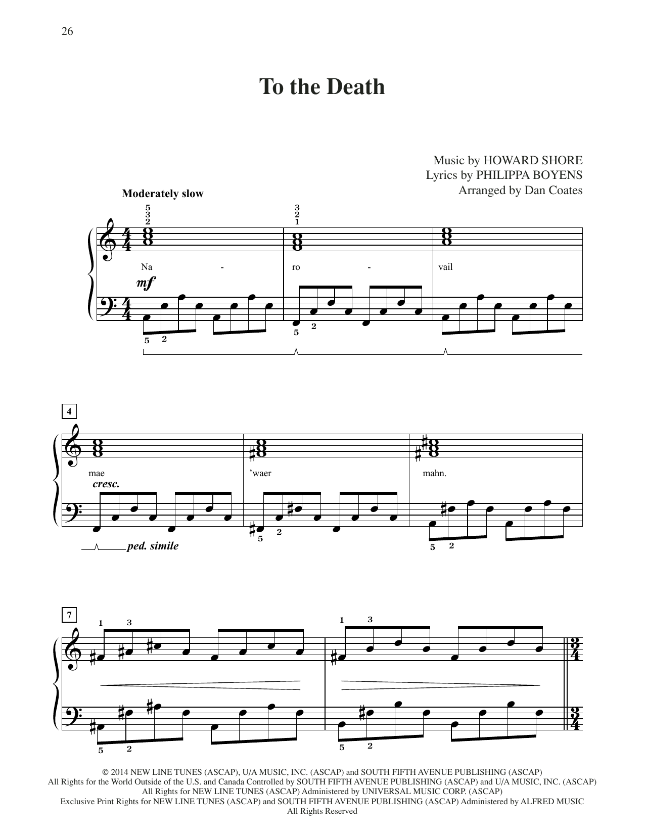 Howard Shore To The Death (from The Hobbit: The Battle of the Five Armies) (arr. Dan Coates) Sheet Music Notes & Chords for Easy Piano - Download or Print PDF