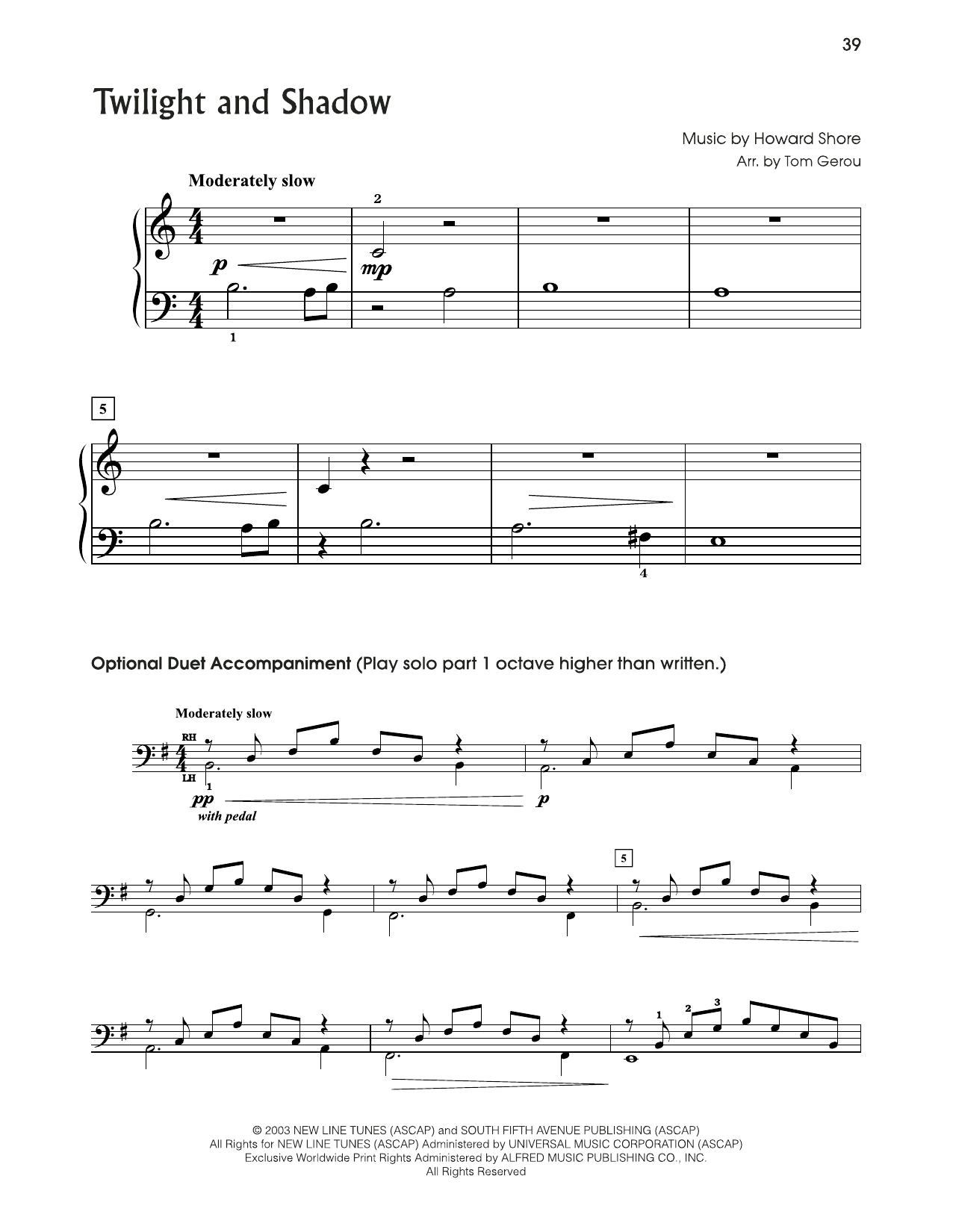 Howard Shore Twilight And Shadow (from The Lord Of The Rings) (arr. Tom Gerou) Sheet Music Notes & Chords for 5-Finger Piano - Download or Print PDF