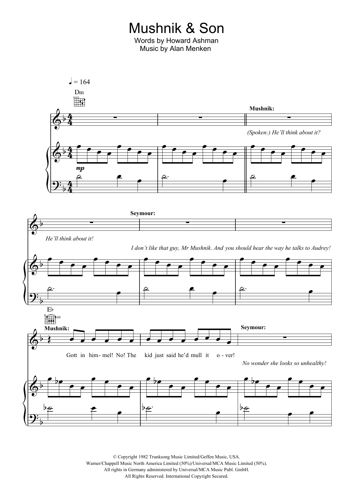 Preview Howard Ashman Mushnik And Son Musicals sheet music, notes and chords for Piano, Vocal & Guitar, SKU: 104273 Mushnik And Son sheet music