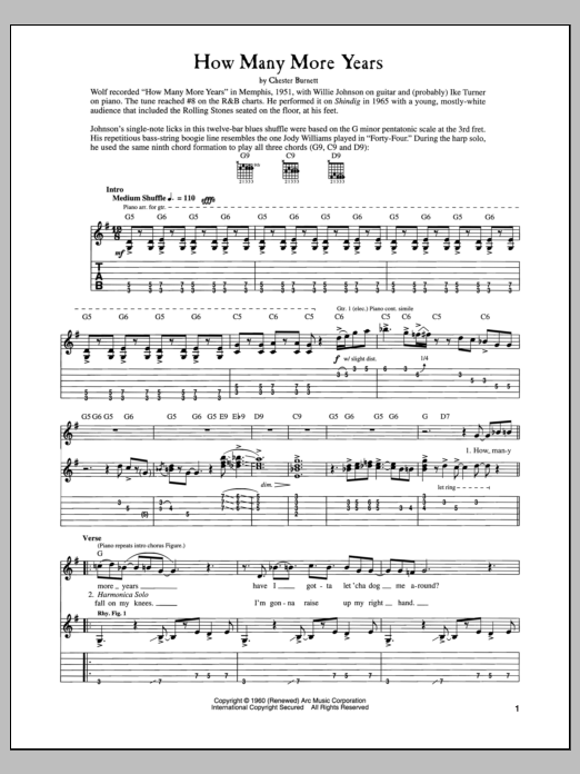 Howlin' Wolf How Many More Years Sheet Music Notes & Chords for Piano, Vocal & Guitar Chords (Right-Hand Melody) - Download or Print PDF