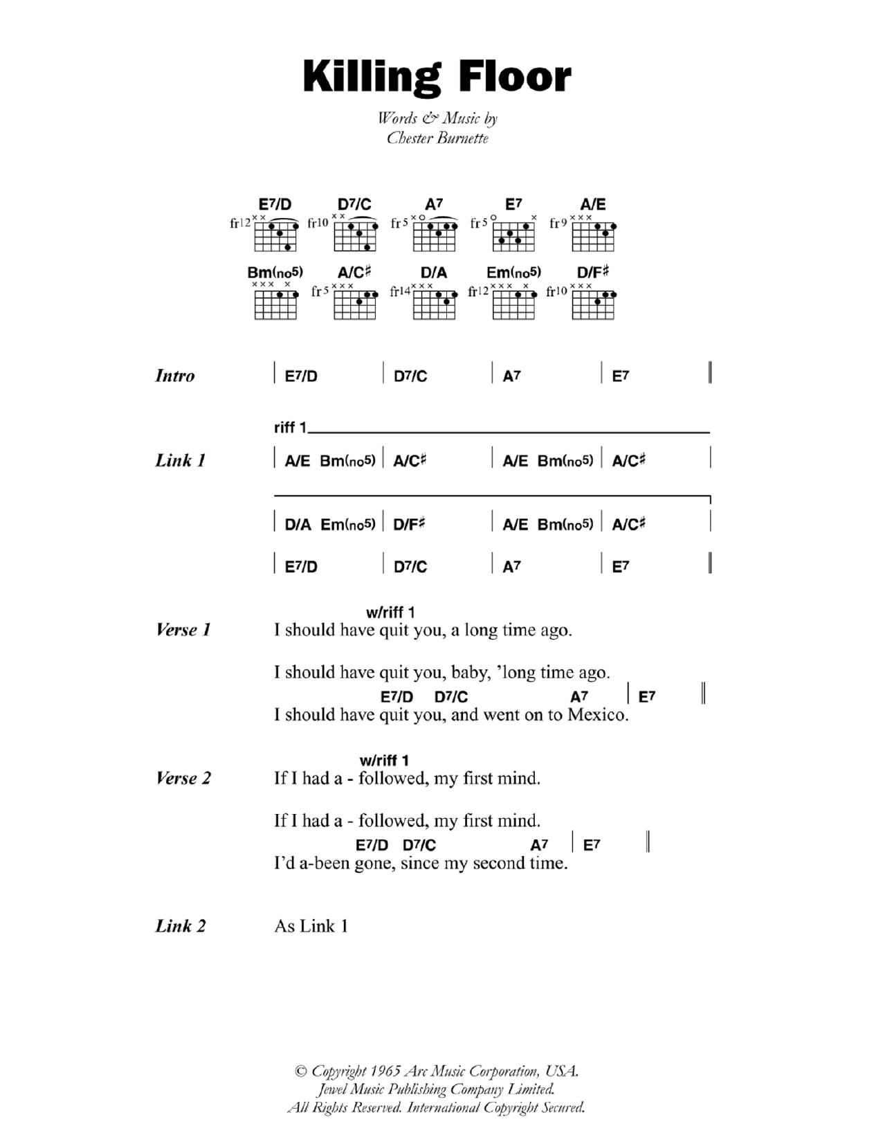 Howlin' Wolf Killing Floor Sheet Music Notes & Chords for Bass Guitar Tab - Download or Print PDF