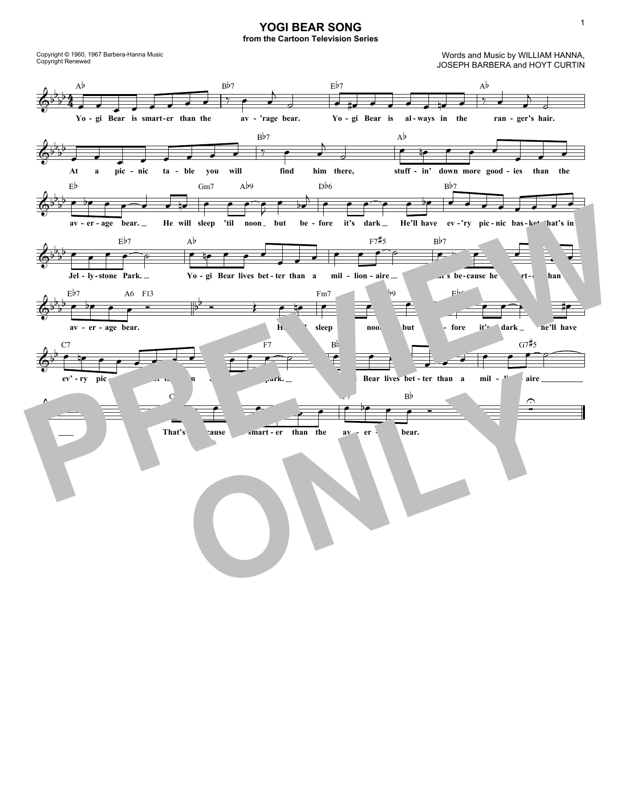 Hoyt Curtin Yogi Bear Song Sheet Music Notes & Chords for Lead Sheet / Fake Book - Download or Print PDF
