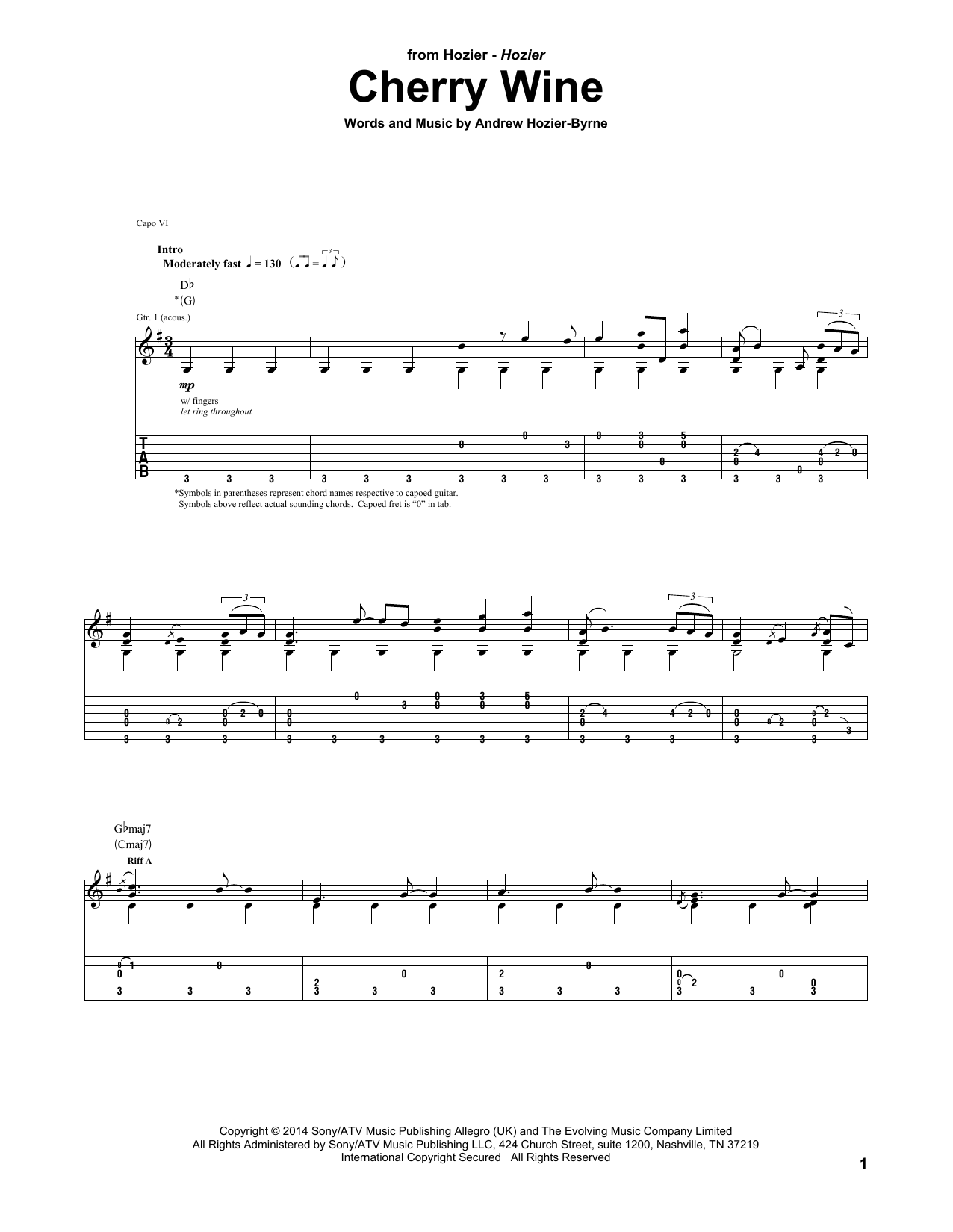 Hozier Cherry Wine Sheet Music Notes & Chords for Guitar Tab - Download or Print PDF