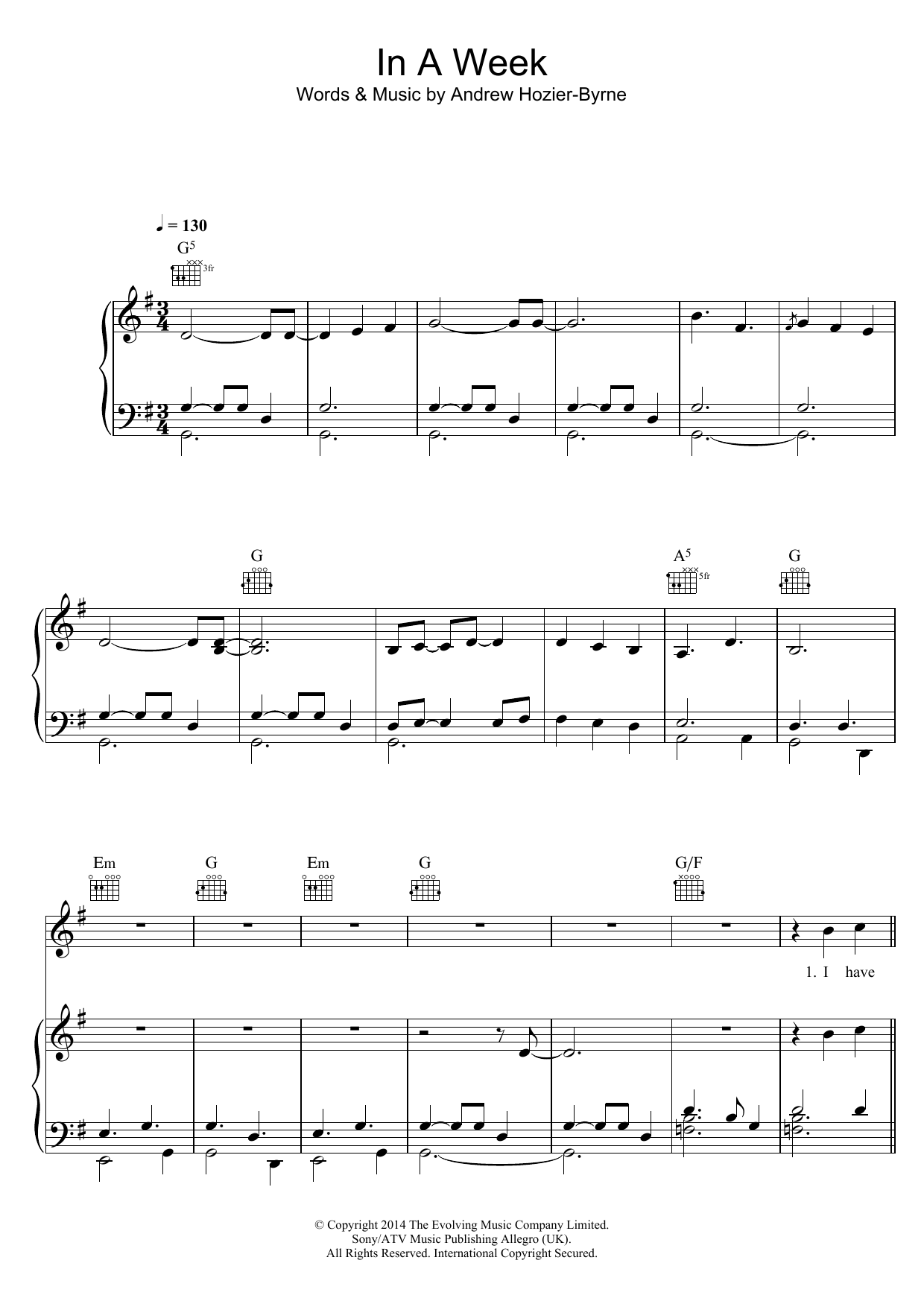 Hozier In A Week Sheet Music Notes & Chords for Piano, Vocal & Guitar (Right-Hand Melody) - Download or Print PDF