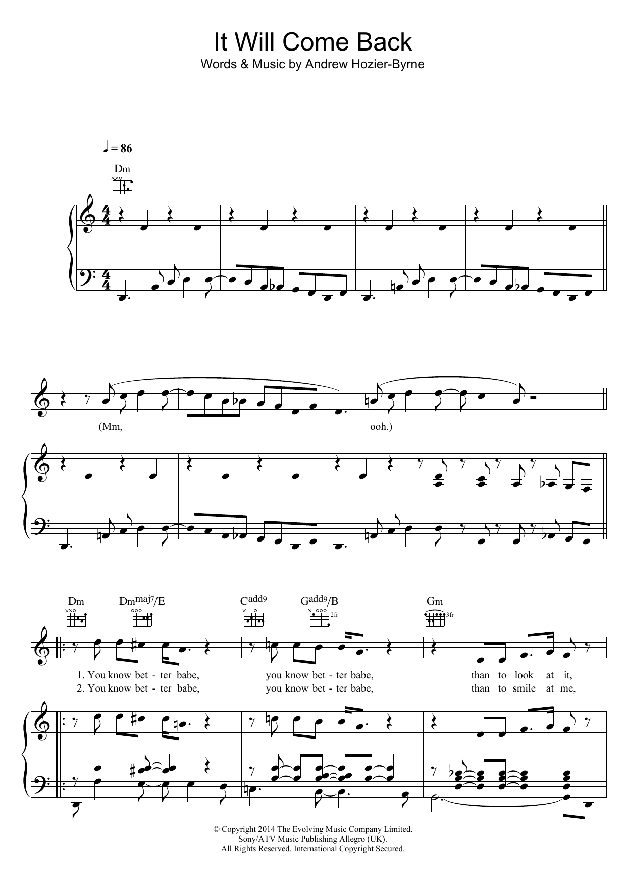 Hozier It Will Come Back Sheet Music Notes & Chords for Piano, Vocal & Guitar (Right-Hand Melody) - Download or Print PDF