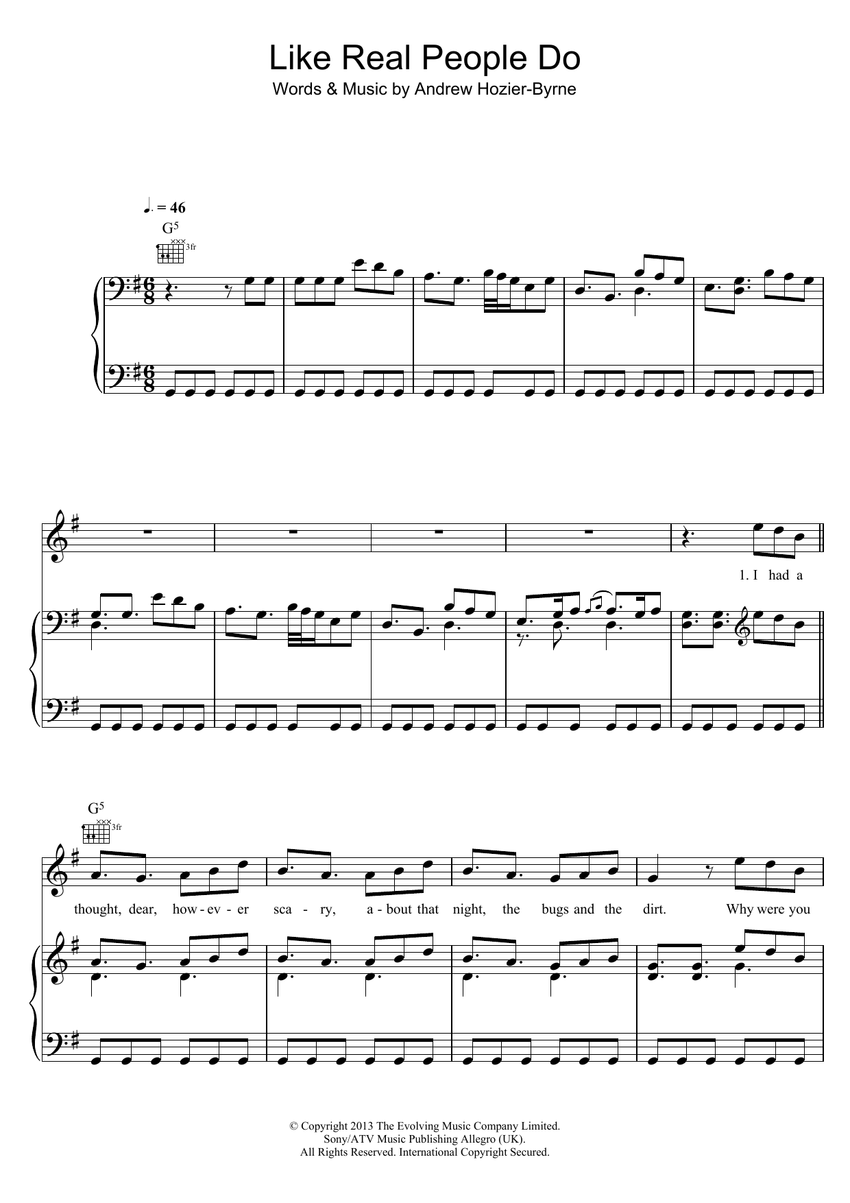 Hozier Like Real People Do Sheet Music Notes & Chords for Piano, Vocal & Guitar (Right-Hand Melody) - Download or Print PDF