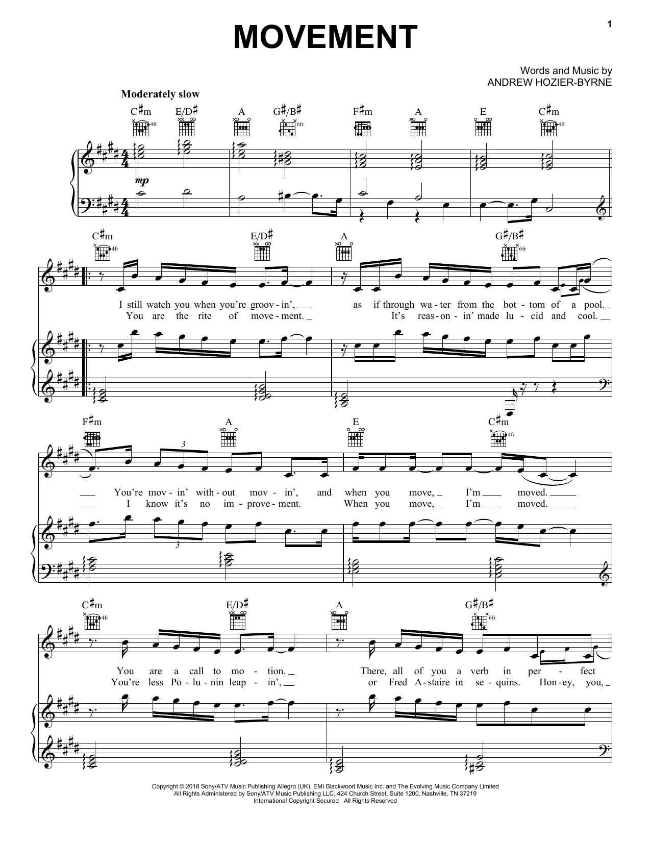 Hozier Movement Sheet Music Notes & Chords for Piano, Vocal & Guitar (Right-Hand Melody) - Download or Print PDF