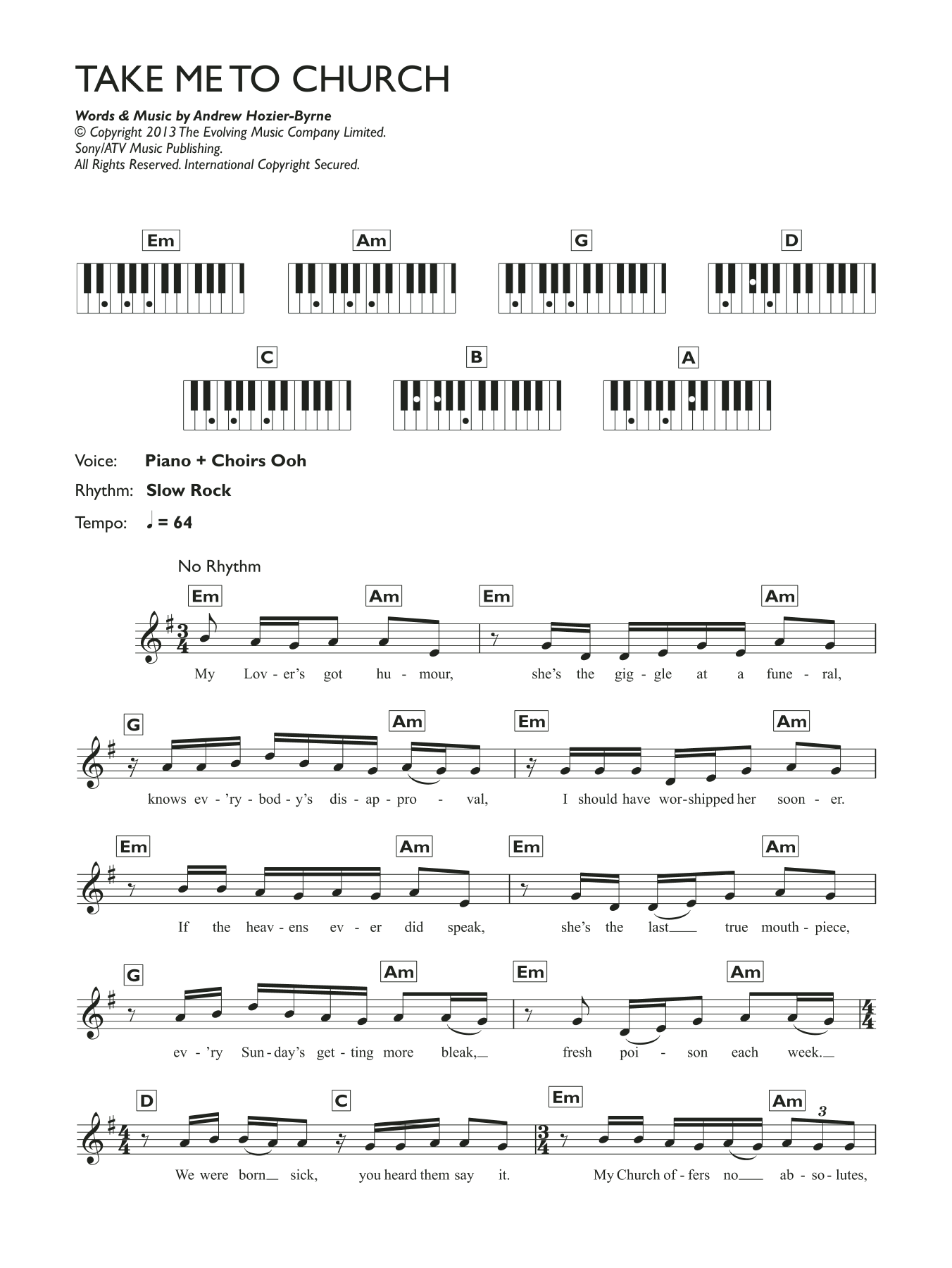 Hozier Take Me To Church Sheet Music Notes & Chords for Keyboard - Download or Print PDF