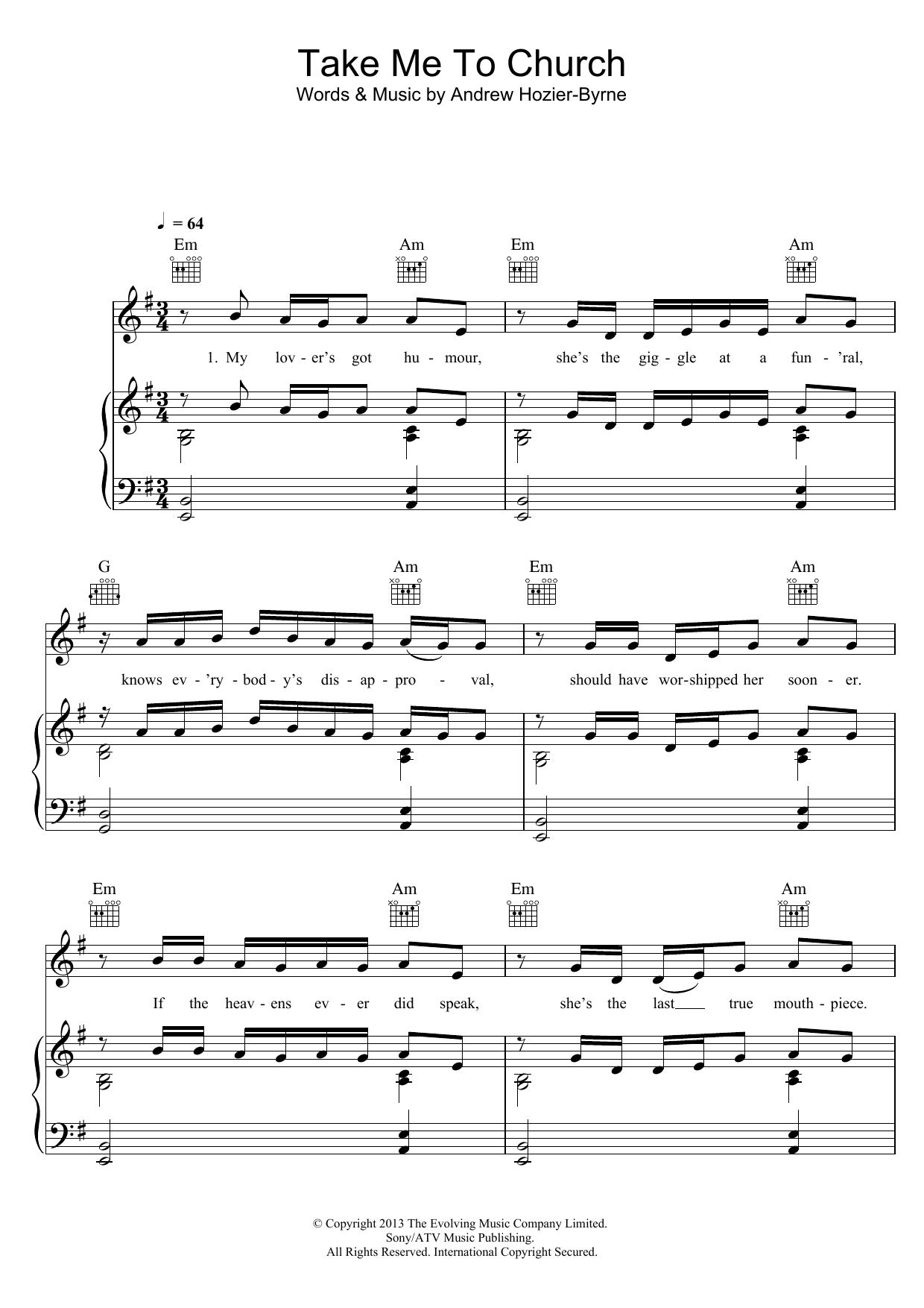 Hozier Take Me To Church Sheet Music Notes & Chords for VLNDT - Download or Print PDF
