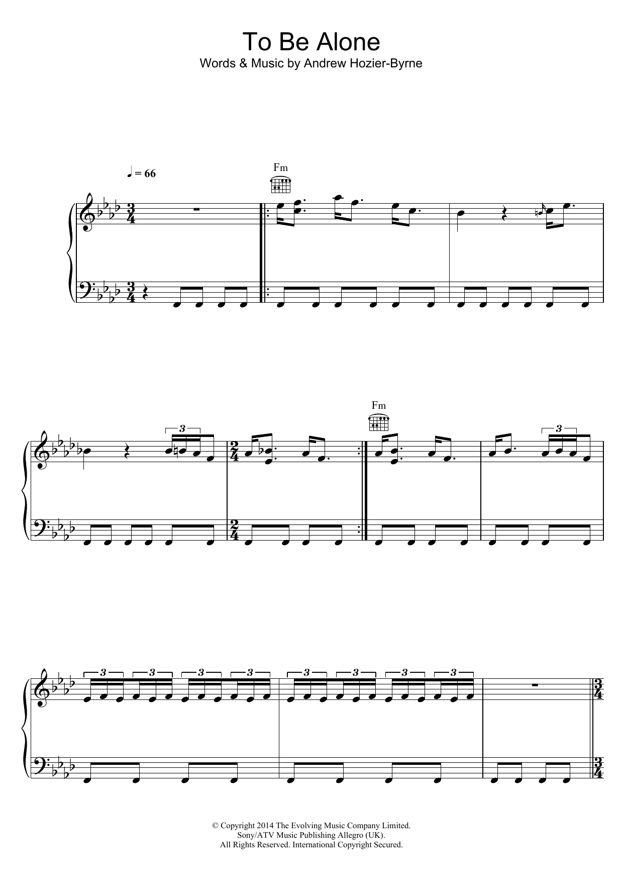 Hozier To Be Alone Sheet Music Notes & Chords for Piano, Vocal & Guitar (Right-Hand Melody) - Download or Print PDF