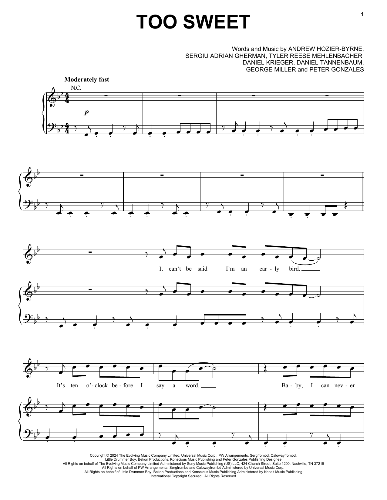 Hozier Too Sweet Sheet Music Notes & Chords for Piano, Vocal & Guitar Chords (Right-Hand Melody) - Download or Print PDF