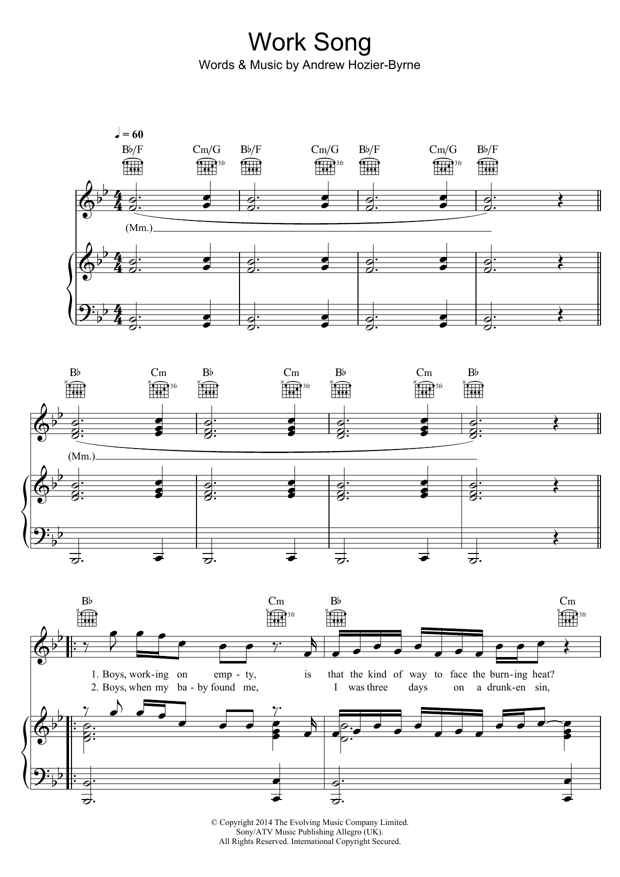 Hozier Work Song Sheet Music Notes & Chords for Piano, Vocal & Guitar (Right-Hand Melody) - Download or Print PDF