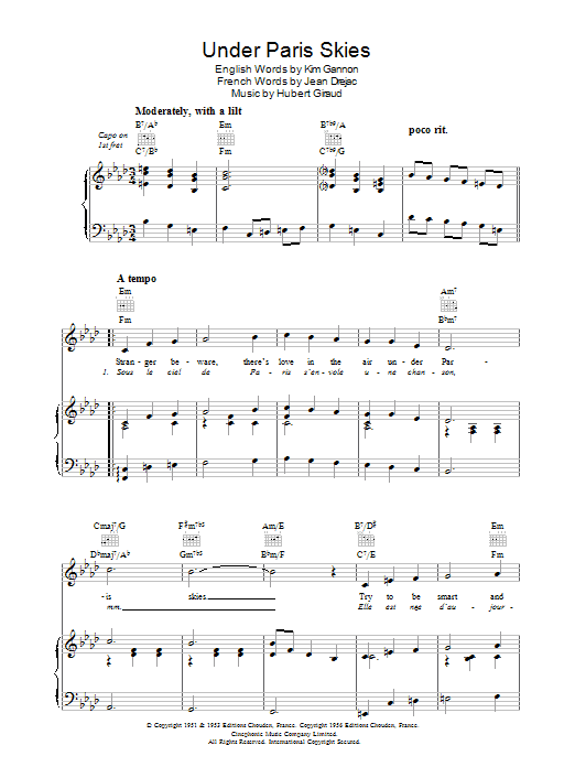 Hubert Giraud Under Paris Skies (Sous Le Ciel De Paris) Sheet Music Notes & Chords for Piano, Vocal & Guitar (Right-Hand Melody) - Download or Print PDF
