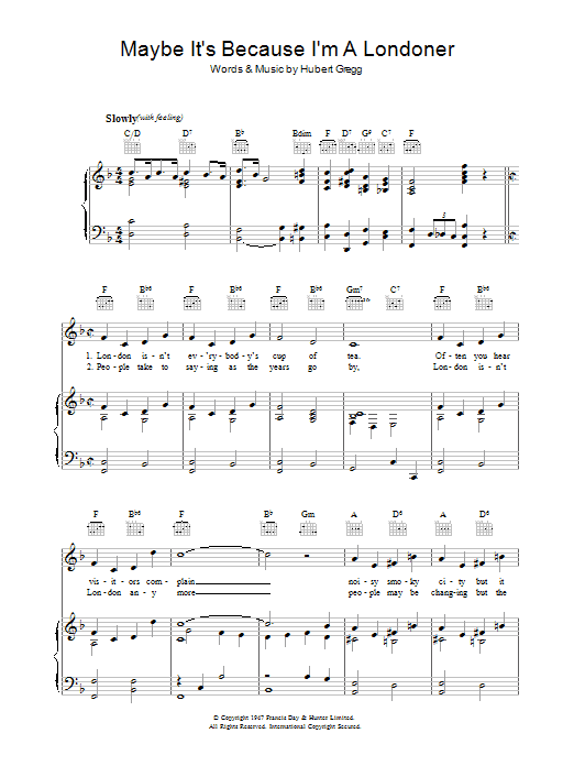 Hubert Gregg Maybe It's Because I'm A Londoner Sheet Music Notes & Chords for Piano, Vocal & Guitar (Right-Hand Melody) - Download or Print PDF