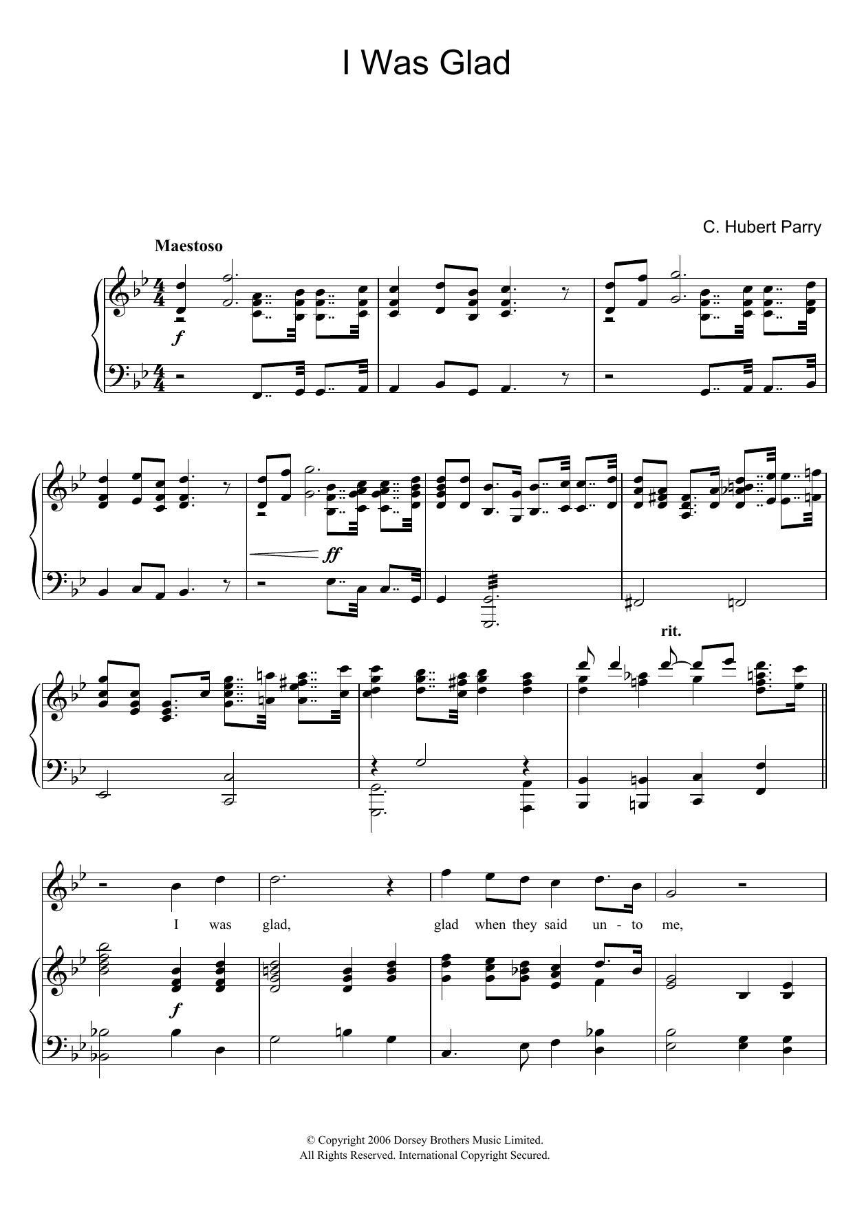 Hubert Parry I Was Glad Sheet Music Notes & Chords for Piano & Vocal - Download or Print PDF