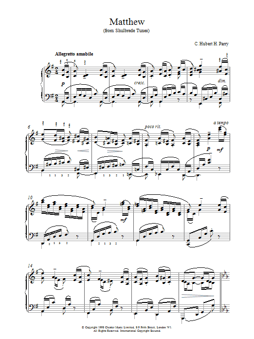 Hubert Parry Matthew From Shulbrede Tunes Sheet Music Notes & Chords for Piano - Download or Print PDF