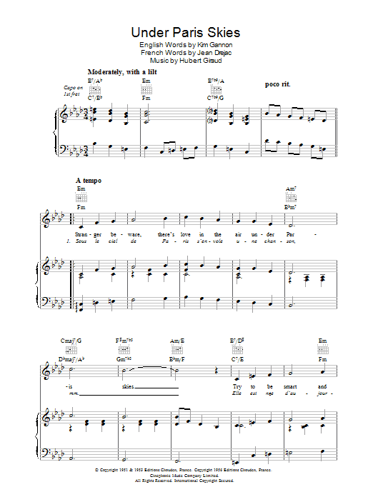 Preview Hubert Giraud Under Paris Skies (Sous Le Ciel De Paris) Pop sheet music, notes and chords for Piano, Vocal & Guitar (Right-Hand Melody), SKU: 37174 Under Paris Skies (Sous Le Ciel De Paris) sheet music