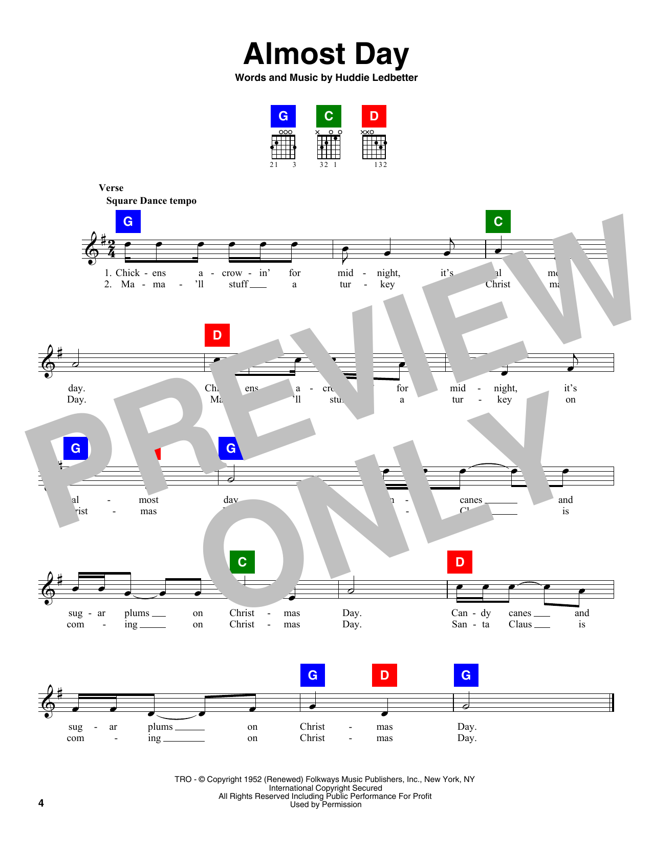 Huddie Ledbetter Almost Day Sheet Music Notes & Chords for Melody Line, Lyrics & Chords - Download or Print PDF