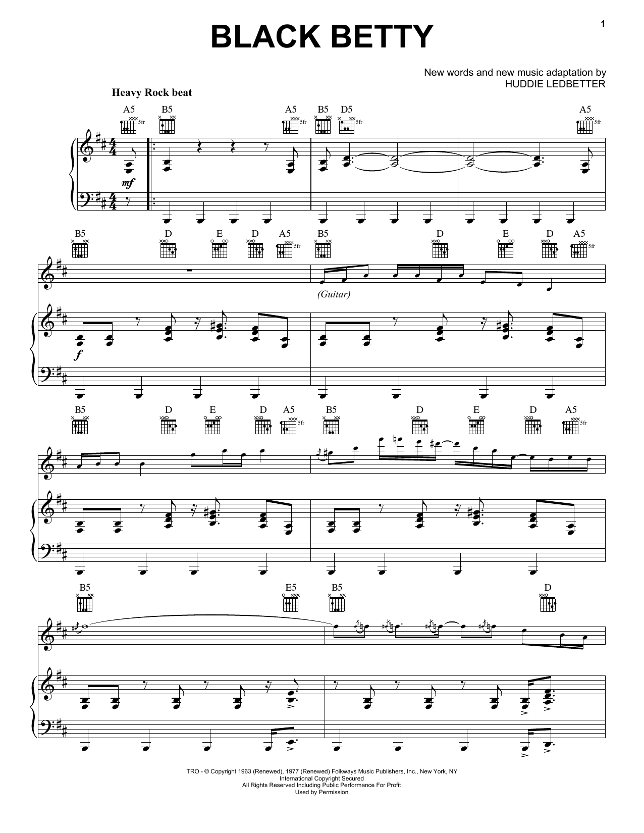 Huddie Ledbetter Black Betty Sheet Music Notes & Chords for Piano, Vocal & Guitar (Right-Hand Melody) - Download or Print PDF