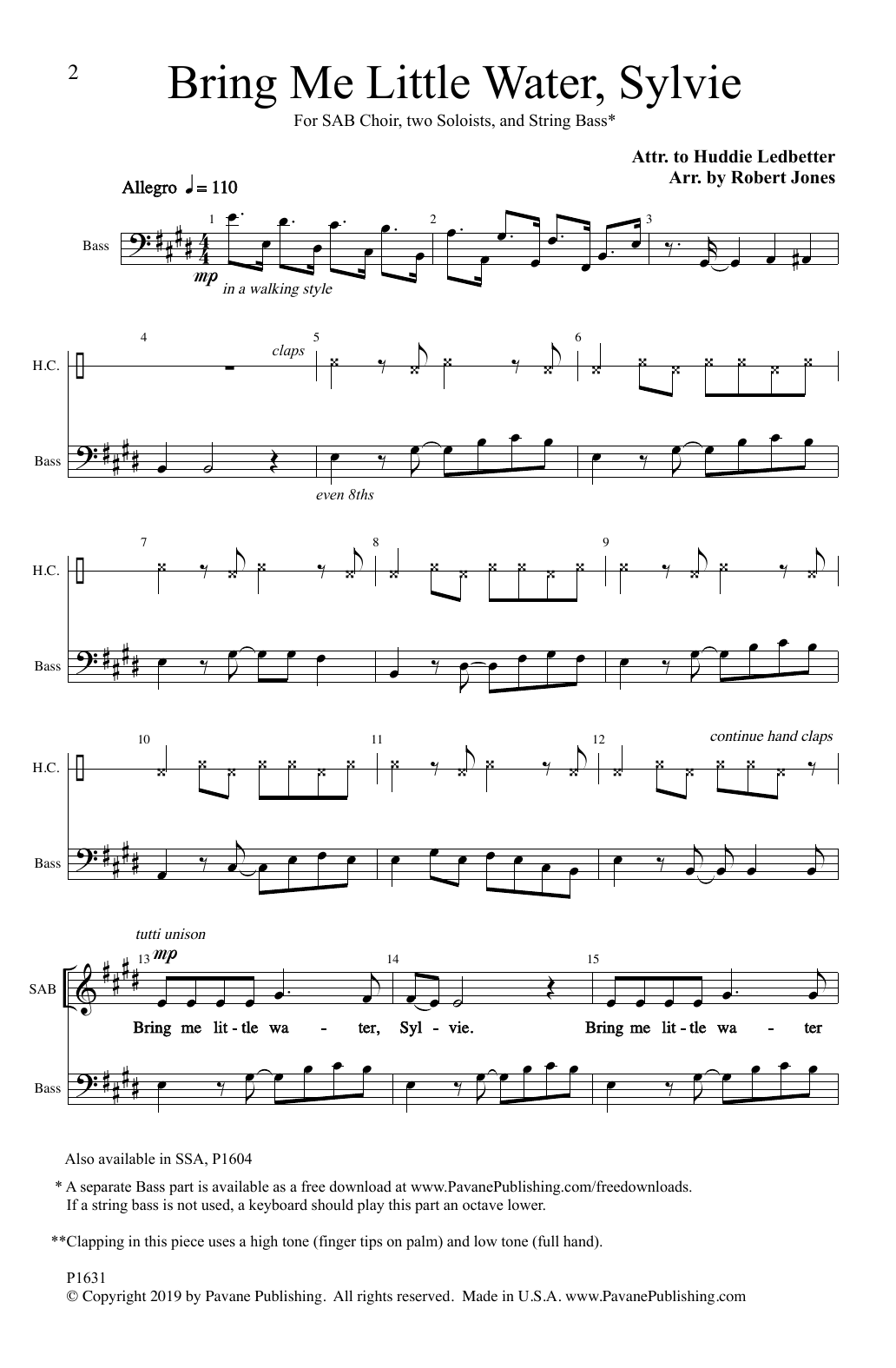 Huddie Ledbetter Bring Me Little Water, Sylvie (arr. Robert Jones) Sheet Music Notes & Chords for SAB Choir - Download or Print PDF
