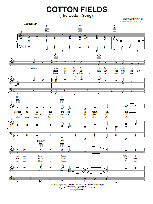 Huddie Ledbetter Cotton Fields (The Cotton Song) Sheet Music Notes & Chords for Piano, Vocal & Guitar (Right-Hand Melody) - Download or Print PDF