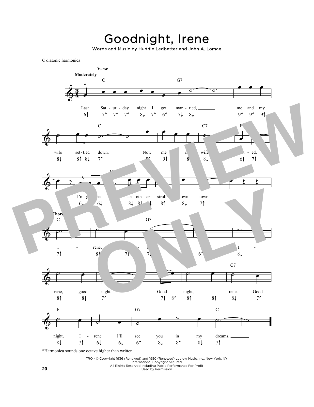 Huddie Ledbetter Goodnight, Irene Sheet Music Notes & Chords for Harmonica - Download or Print PDF