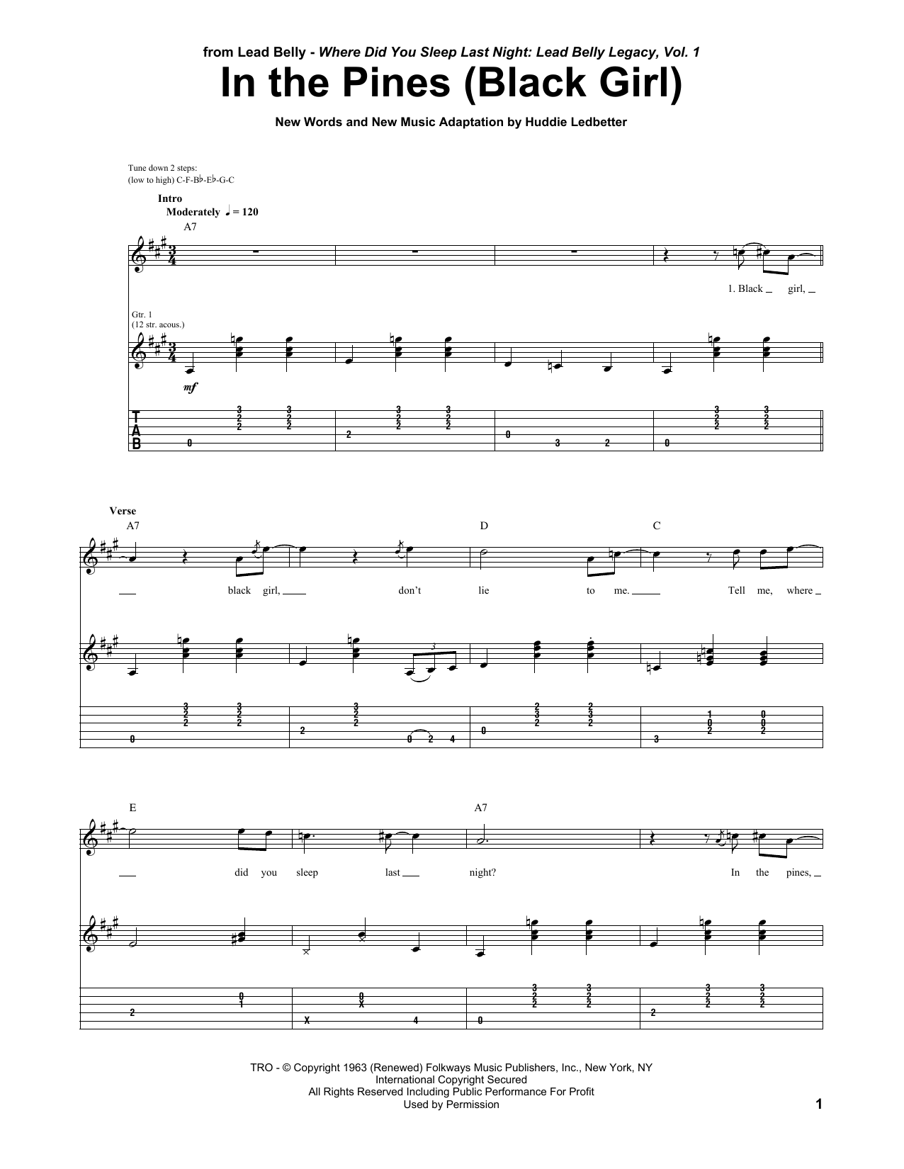 Huddie Ledbetter In The Pines (Black Girl) Sheet Music Notes & Chords for Guitar Tab - Download or Print PDF
