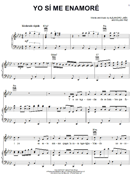 Huey Dunbar Yo Si Me Enamore Sheet Music Notes & Chords for Piano, Vocal & Guitar (Right-Hand Melody) - Download or Print PDF