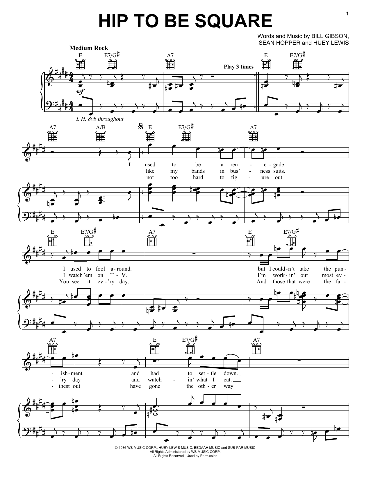 Huey Lewis & The News Hip To Be Square Sheet Music Notes & Chords for Piano, Vocal & Guitar (Right-Hand Melody) - Download or Print PDF