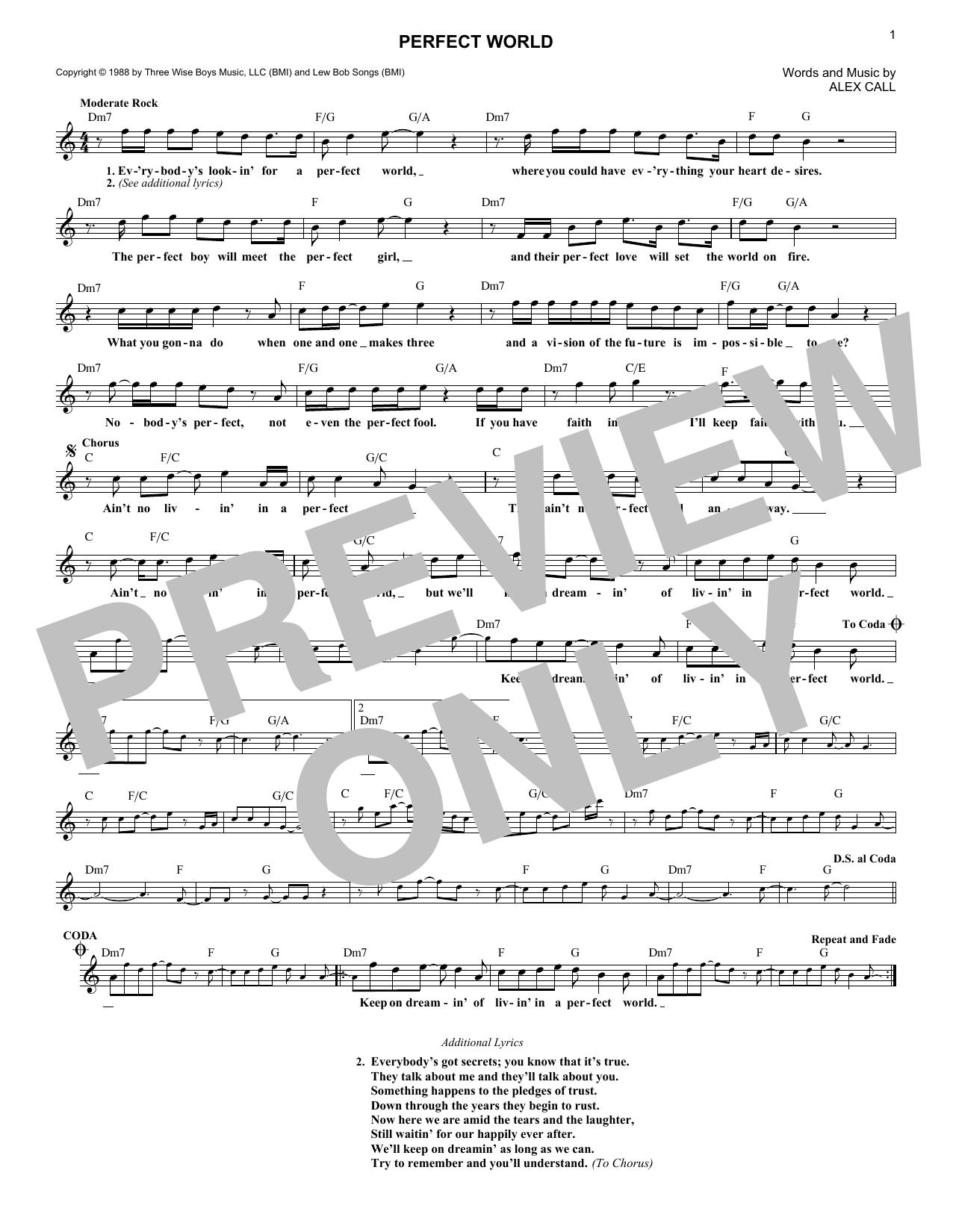 Huey Lewis & The News Perfect World Sheet Music Notes & Chords for Lead Sheet / Fake Book - Download or Print PDF