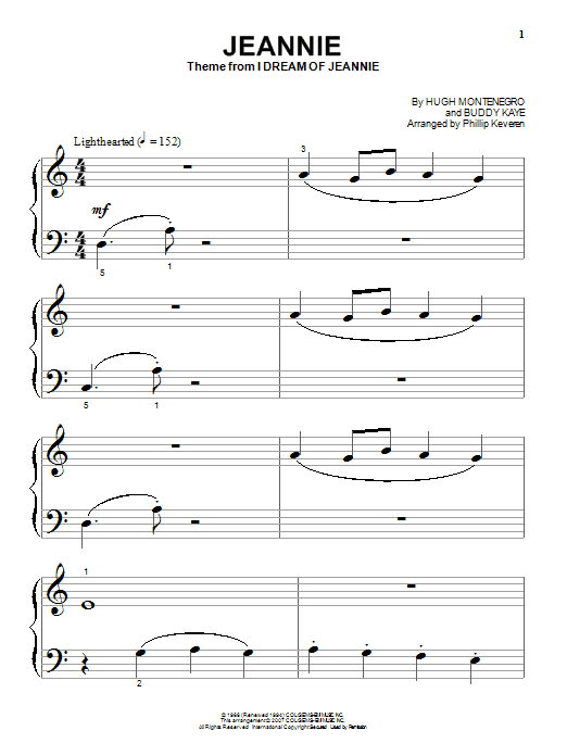 Hugh Montenegro Jeannie Sheet Music Notes & Chords for Piano (Big Notes) - Download or Print PDF