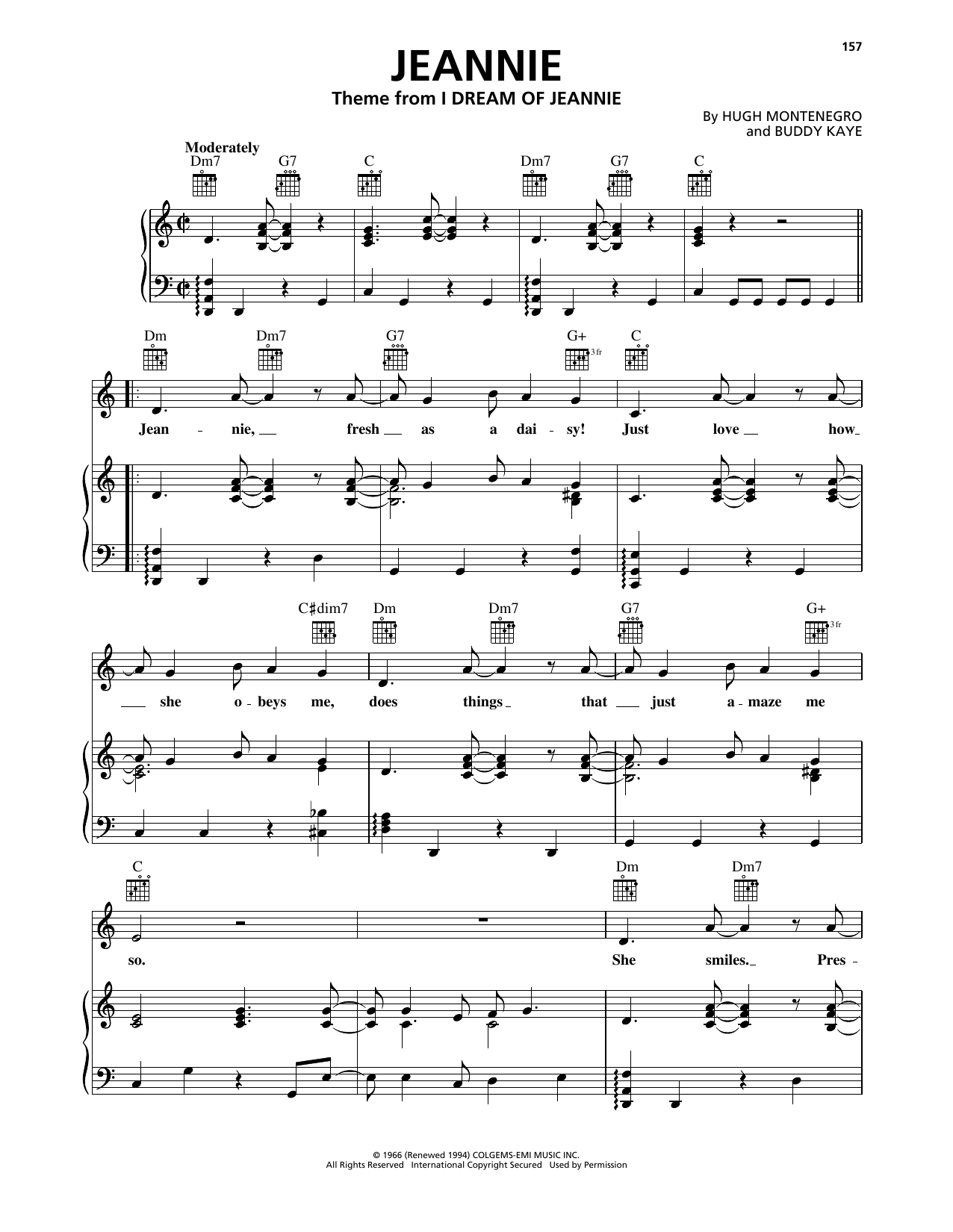 Hugh Montenegro Jeannie Sheet Music Notes & Chords for Piano, Vocal & Guitar Chords (Right-Hand Melody) - Download or Print PDF