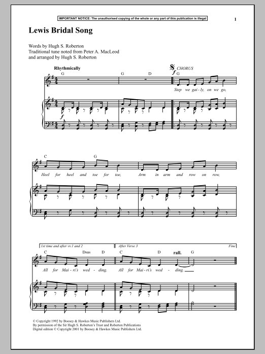 Hugh S. Roberton Lewis Bridal Song Sheet Music Notes & Chords for Piano Solo - Download or Print PDF