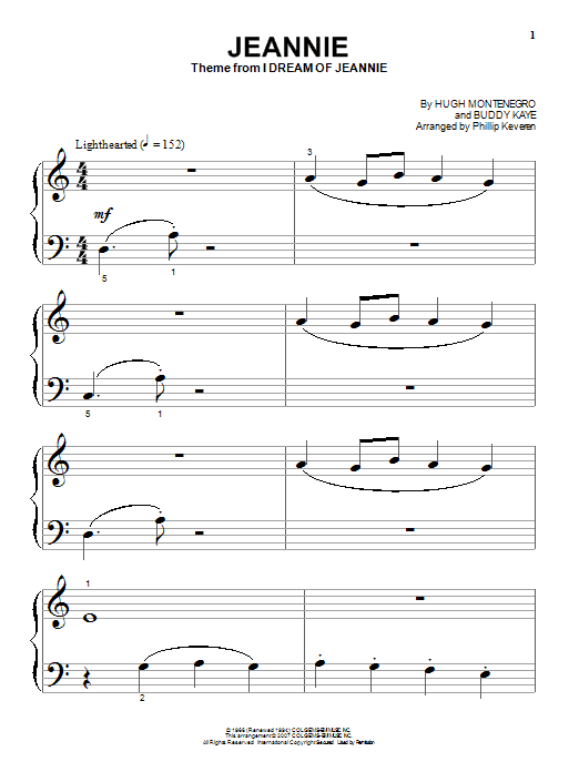 Preview Hugh Montenegro Jeannie Children sheet music, notes and chords for Piano (Big Notes), SKU: 58385 Jeannie sheet music