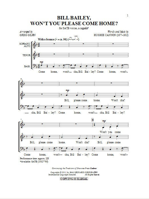 Hughie Cannon Bill Bailey, Won't You Please Come Home (arr. Greg Gilpin) Sheet Music Notes & Chords for SSA - Download or Print PDF