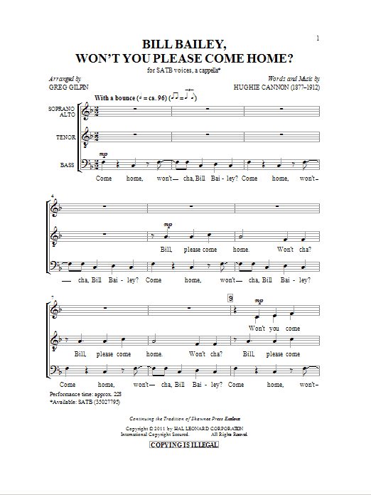 Hughie Cannon Bill Bailey, Won't You Please Come Home (arr. Greg Gilpin) Sheet Music Notes & Chords for SATB - Download or Print PDF