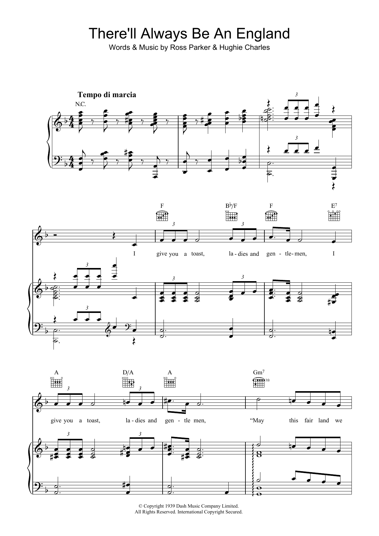Hughie Charles There'll Always Be An England Sheet Music Notes & Chords for Piano, Vocal & Guitar (Right-Hand Melody) - Download or Print PDF