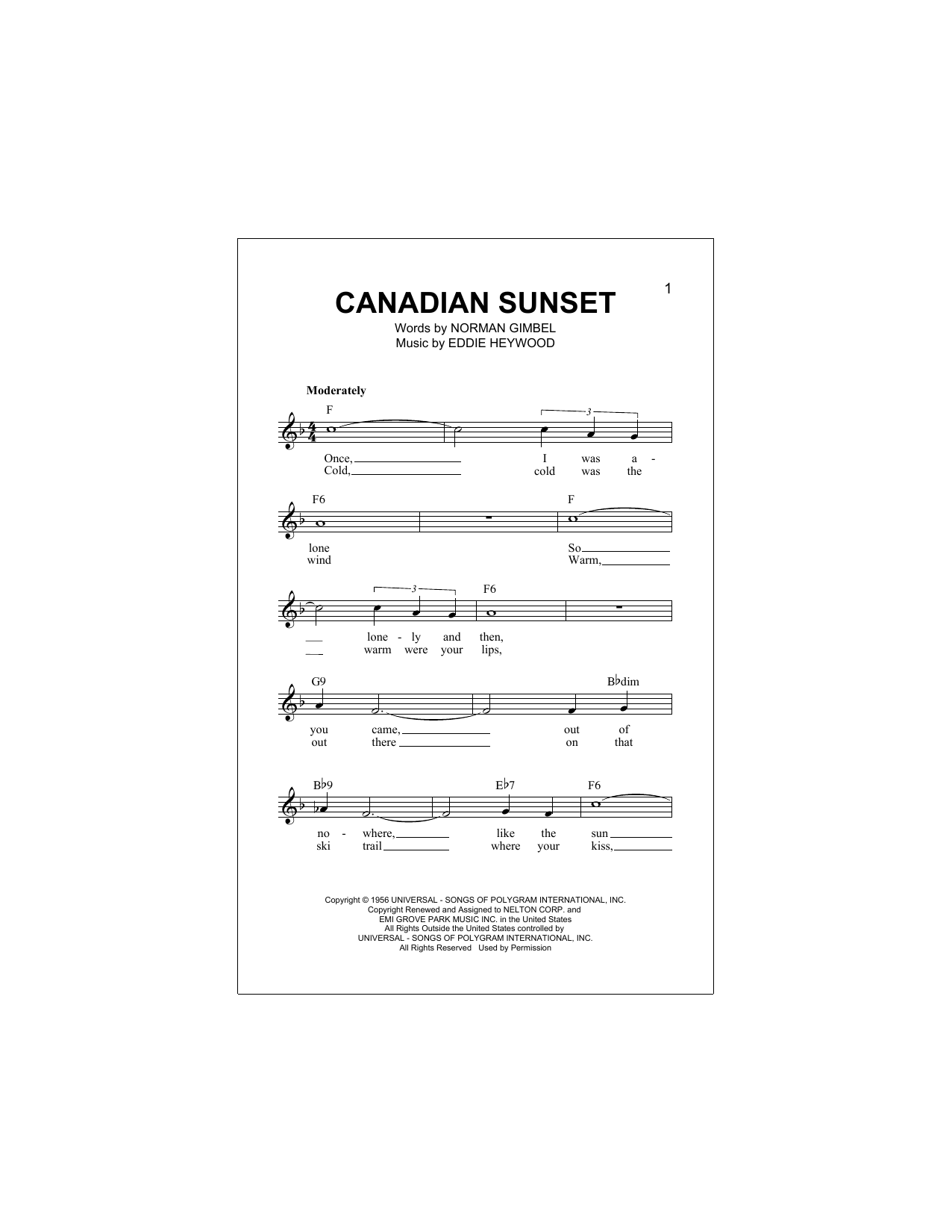 Andy Williams Canadian Sunset Sheet Music Notes & Chords for Melody Line, Lyrics & Chords - Download or Print PDF