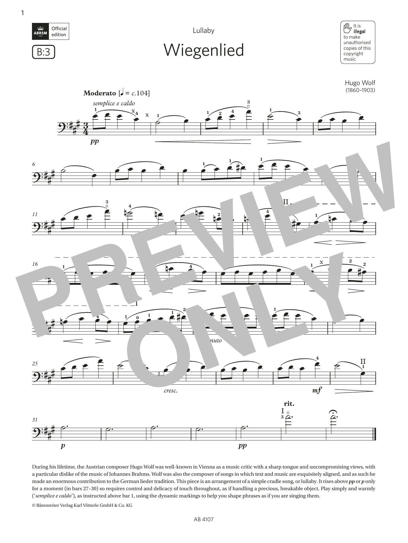 Hugo Wolf Wiegenlied (Grade 4, B3, from the ABRSM Cello Syllabus from 2024) Sheet Music Notes & Chords for Cello Solo - Download or Print PDF