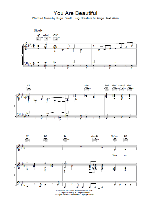 Preview Hugo Peretti You Are Beautiful Pop sheet music, notes and chords for Piano, Vocal & Guitar (Right-Hand Melody), SKU: 37371 You Are Beautiful sheet music
