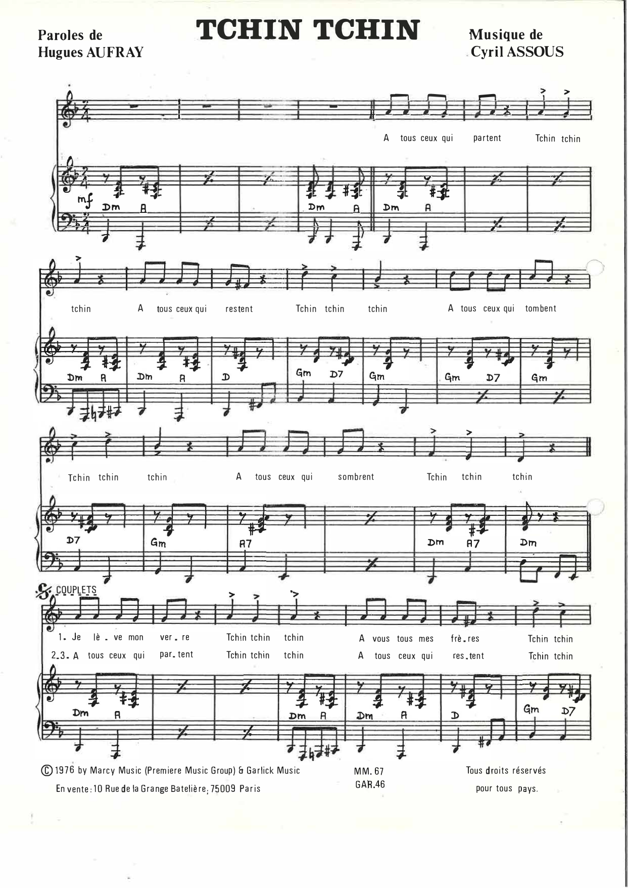 Hugues Aufray Tchin Tchin Sheet Music Notes & Chords for Piano & Vocal - Download or Print PDF