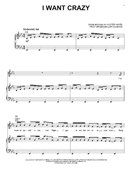 Hunter Hayes I Want Crazy Sheet Music Notes & Chords for Piano, Vocal & Guitar (Right-Hand Melody) - Download or Print PDF