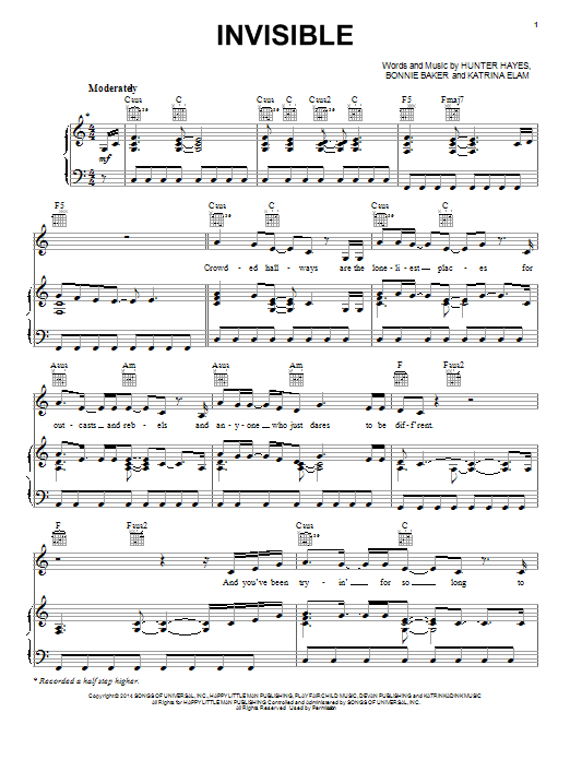 Hunter Hayes Invisible Sheet Music Notes & Chords for Piano, Vocal & Guitar (Right-Hand Melody) - Download or Print PDF Hunter Hayes Invisible Sheet Music Notes & Chords for Piano, Vocal & Guitar (Right-Hand Melody) - Download or Print PDF