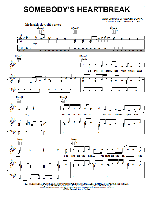 Hunter Hayes Somebody's Heartbreak Sheet Music Notes & Chords for Piano, Vocal & Guitar (Right-Hand Melody) - Download or Print PDF