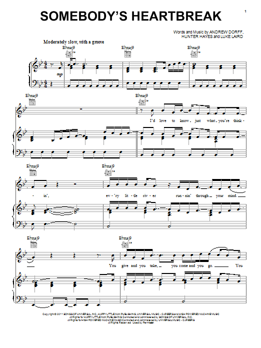 Hunter Hayes Somebody S Heartbreak Sheet Music Download Pdf Score 96709