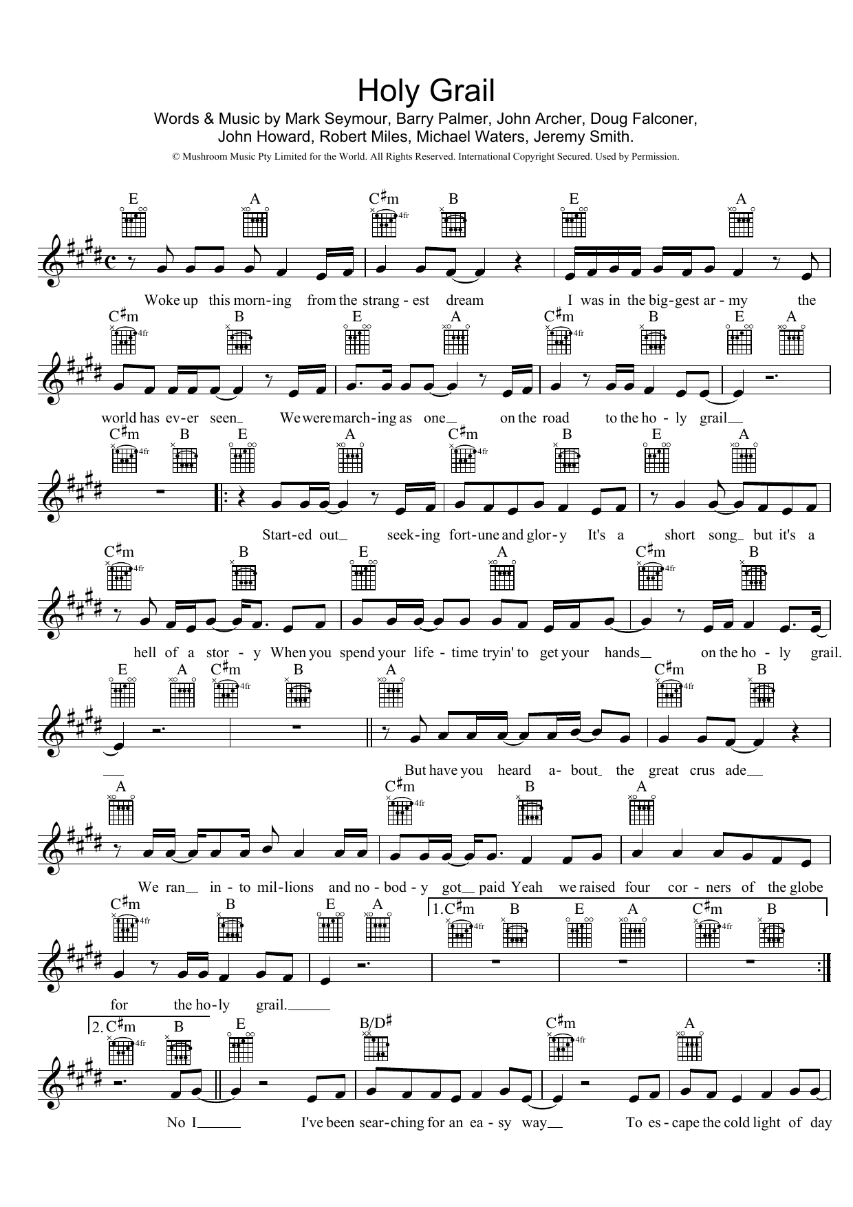 Hunters & Collectors Holy Grail Sheet Music Notes & Chords for Melody Line, Lyrics & Chords - Download or Print PDF