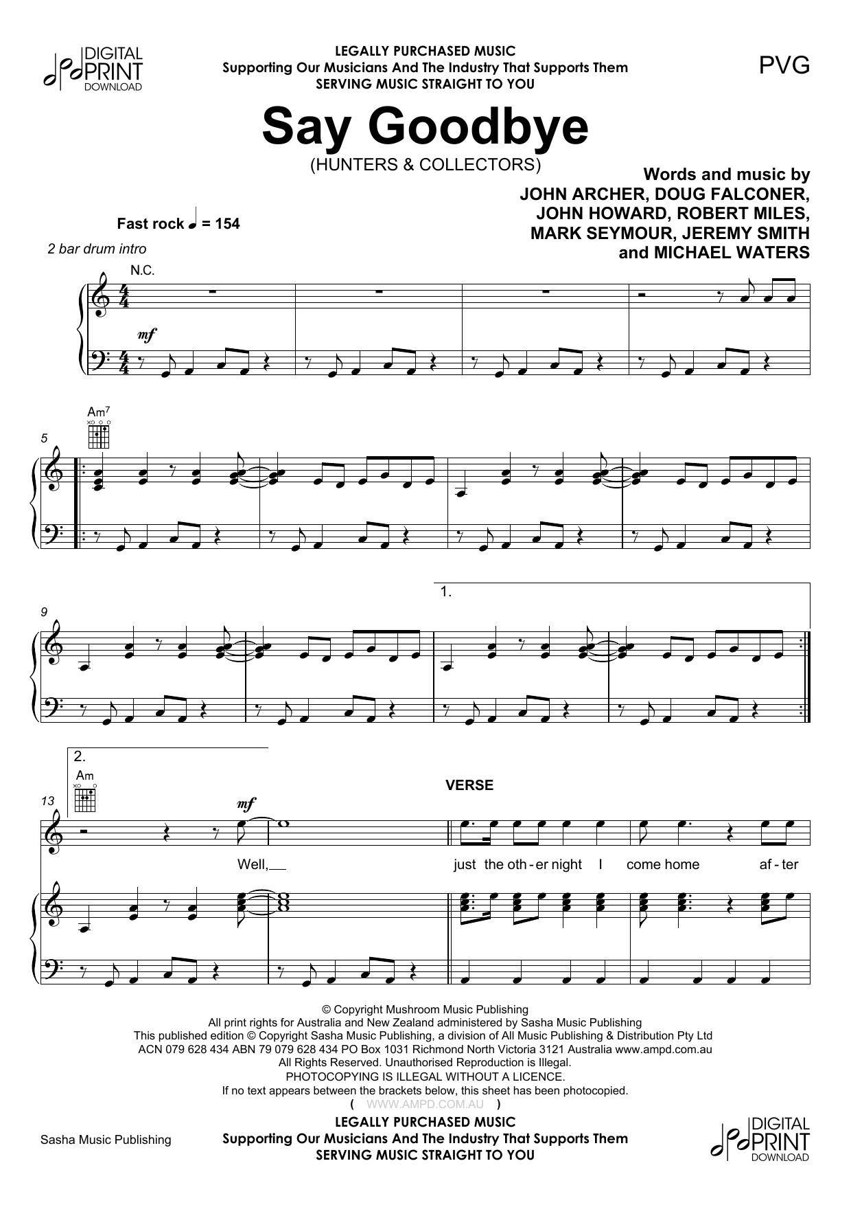 Hunters & Collectors Say Goodbye Sheet Music Notes & Chords for Piano, Vocal & Guitar (Right-Hand Melody) - Download or Print PDF