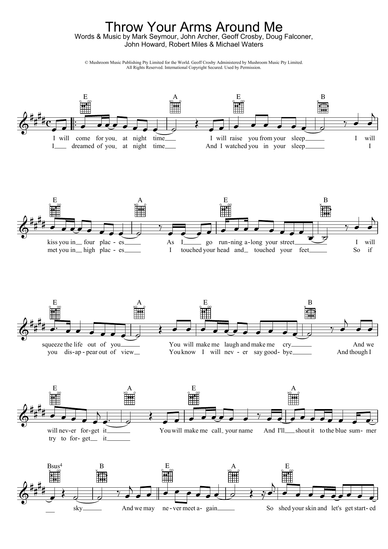 Hunters & Collectors Throw Your Arms Around Me Sheet Music Notes & Chords for Melody Line, Lyrics & Chords - Download or Print PDF